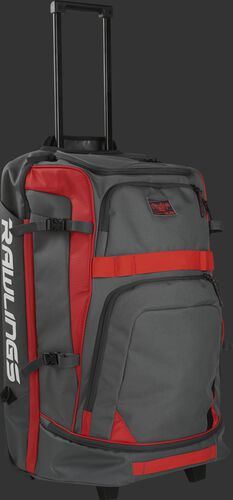 A grey and scarlet R1801 catcher's wheeled backpack with the pull handle extended