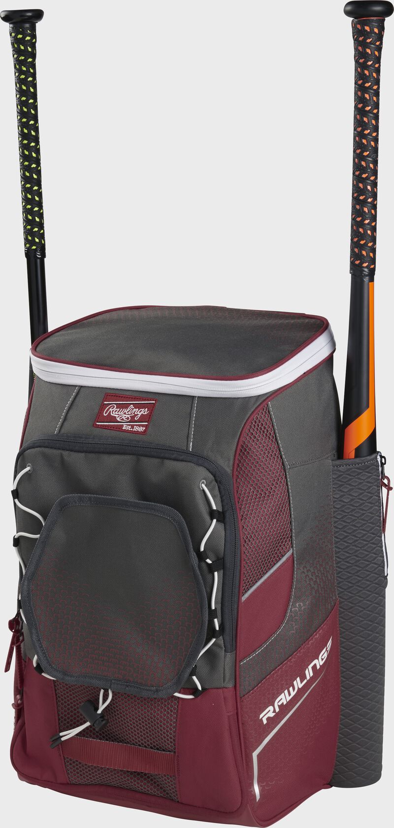 Front right angle view of a cardinal Impulse backpack with two bats in the side sleeves - SKU: IMPLSE-C loading=