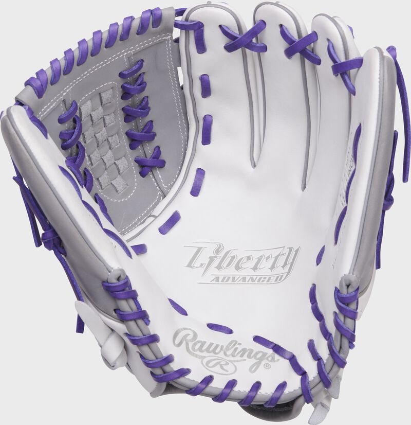 White palm of a Rawlings Liberty Advanced fastpitch glove with purple laces - SKU: RLA125-18WPG