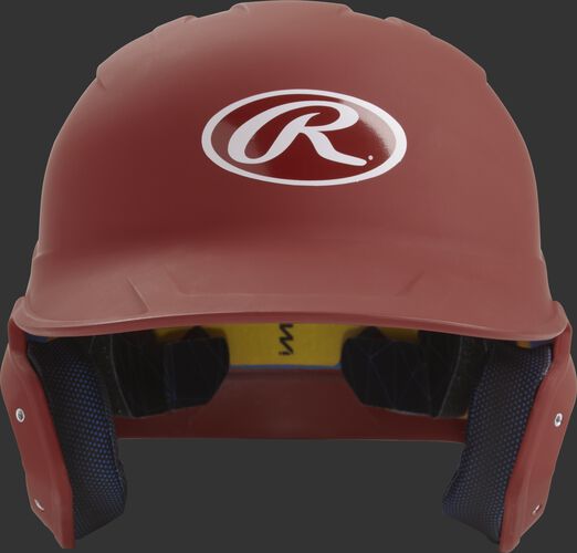 Front of a matte cardinal MACH junior size batting helmet