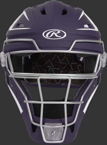 Front of a purple CHV27J Velo 2.0 hockey-style catcher's helmet