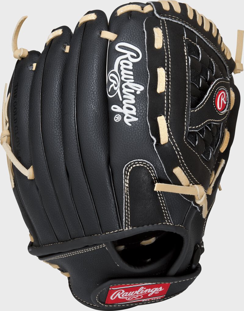 Back view of a black RSS125C 12.5-inch RSB recreational softball glove with a black back and Velcro wrist strap