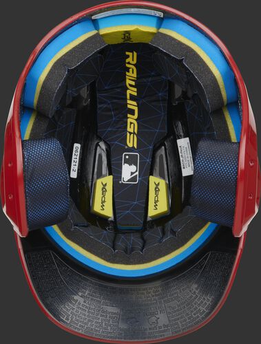 Inside of a Rawlings MACH baseball helmet with IMPAX durable foam padding