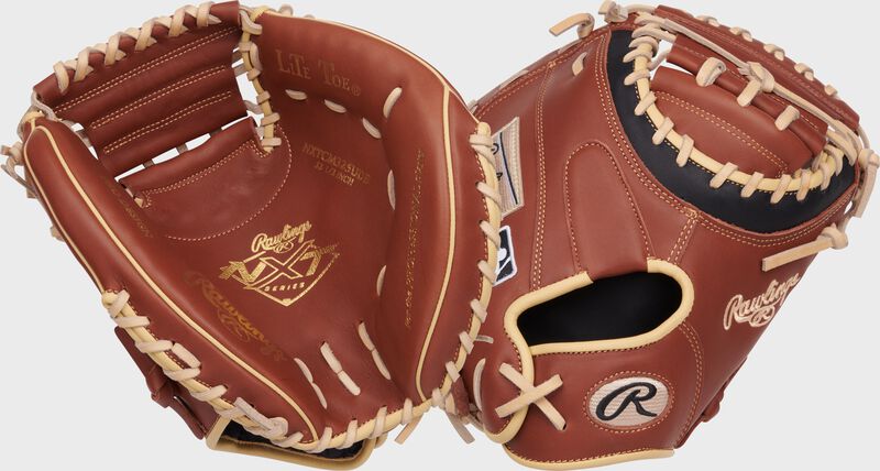 2 images showing the palm & back of a dark brown NXT Series 32.5" catcher's mitt