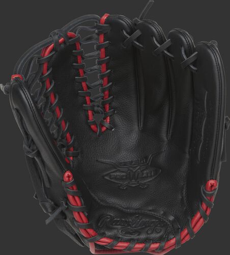 SPL1225MT Rawlings Mike Trout youth baseball glove with a black palm, black laces and scarlet binding