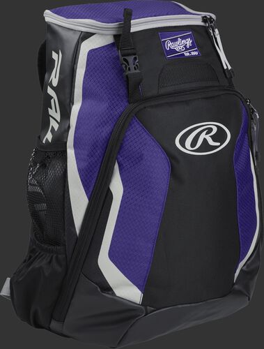 Right side of a black/purple R500 Rawlings Players equipment backpack with white trim