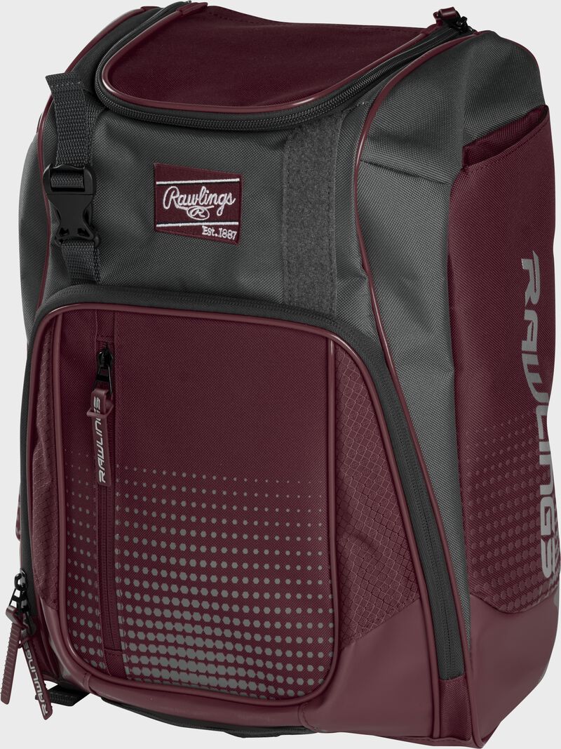 Front angle of a maroon Franchise backpack with gray accents and maroon Rawlings patch logo - SKU: FRANBP-MA