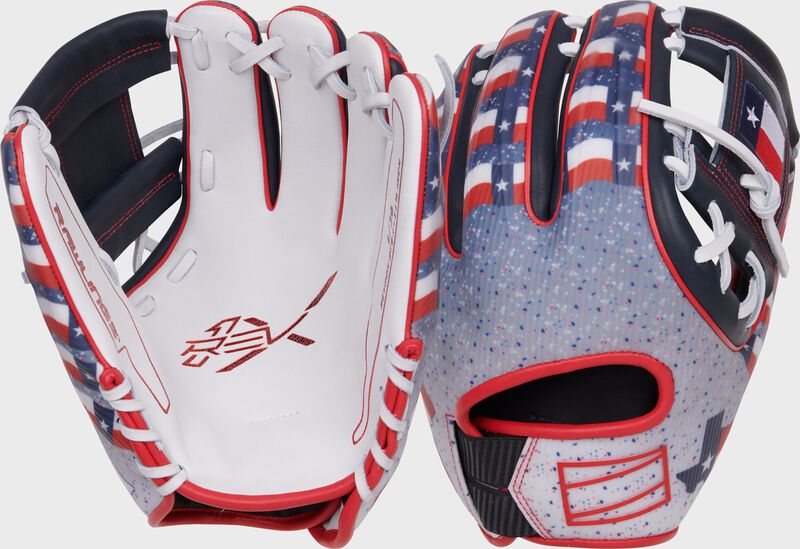Two images showing the palm & back of a Rawlings 2024 Texas All-Star Game REV1X glove