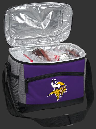 An open Minnesota Vikings 12 can cooler filled with ice and drinks - SKU: 10111075111