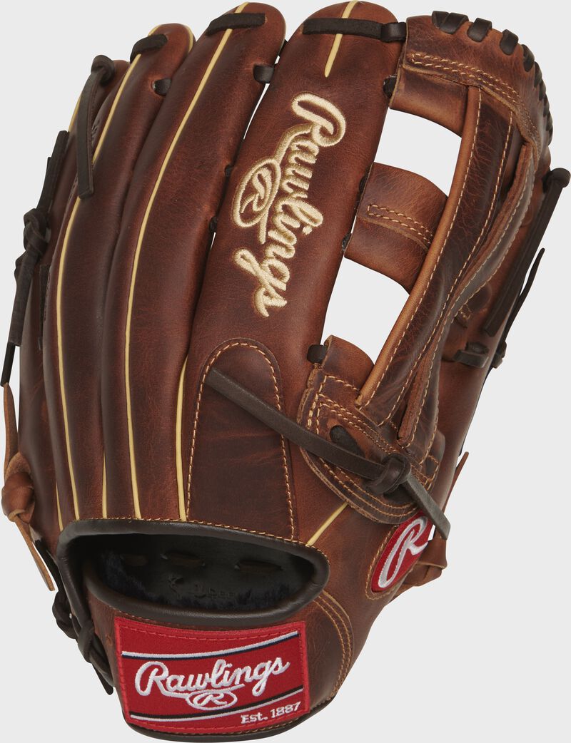 Chocolate back of a 12.75" Heritage Pro H-web outfield glove with a red Rawlings patch - SKU: HP302C-6CCH