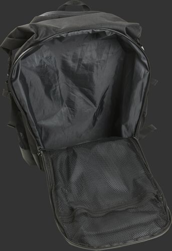 A black Rawlings CEO coach's backpack with the main compartment open - SKU: CEOBP-B