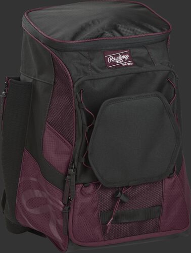 Front right of a maroon/black R600 Rawlings backpack without bats