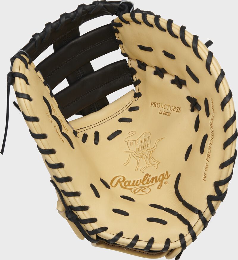 Columbia blue palm of an exclusive HOH first base mitt with gold stamping, and camel web and laces - SKU: PRODCTCBSS