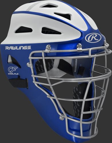 Front right of a royal/white SBCHVEL Rawlings Velo softball youth catcher's helmet