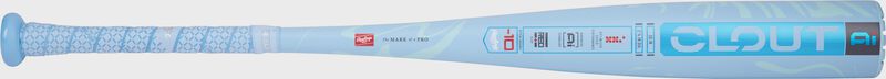 Side image of a Rawlings Clout USSSA -10 bat with the Clout logo on the barel