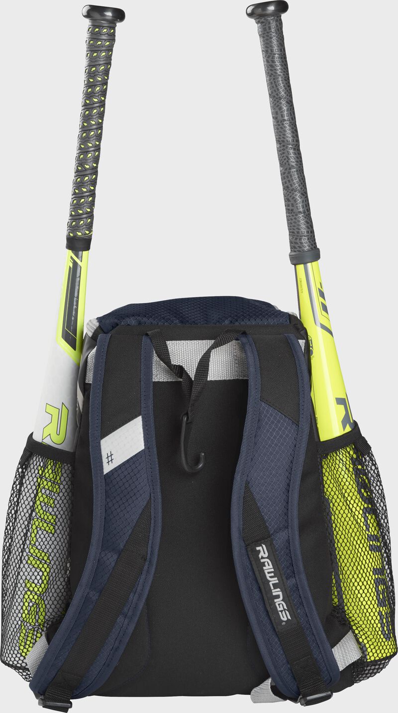 Rear view of a Navy Rawlings Youth Players Team Backpack with two bats | SKU:R400-N