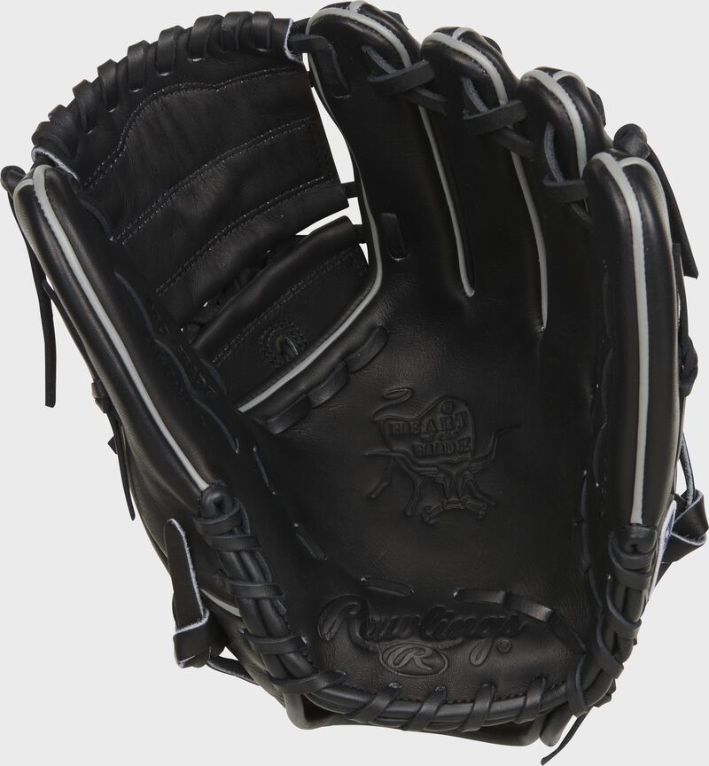 Black palm of a Rawlings Heart of the Hide infield/pitcher's glove with black laces - SKU: PROT206-9B