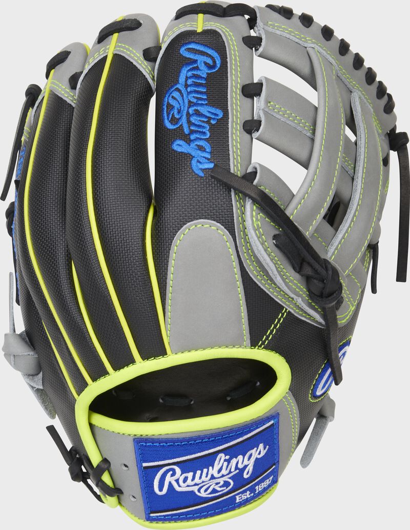 Black Speed Shell back of a Heart of the Hide 11.75" H-web glove with a royal Rawlings patch - SKU: PRO205-6GRSS