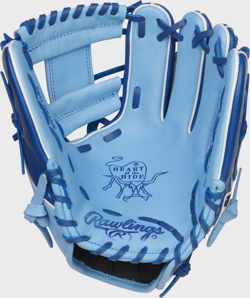 Columbia blue palm of a Rawlings Kansas City Royals HOH glove with royal stamping and royal laces - SKU: RSGPRO204W-2KC