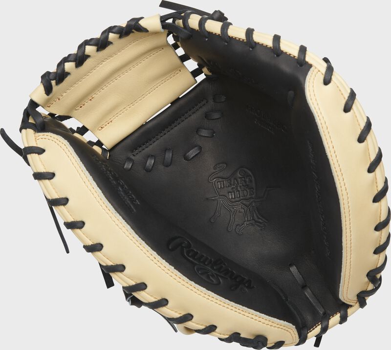 Front View of the 2021 Heart of the Hide 34-inch catcher's mitt. Features Yadier Molina color pattern
