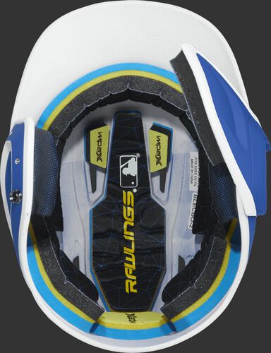 Inside of a MACHEXTR Rawlings MACH baseball helmet with IMPAX durable foam padding