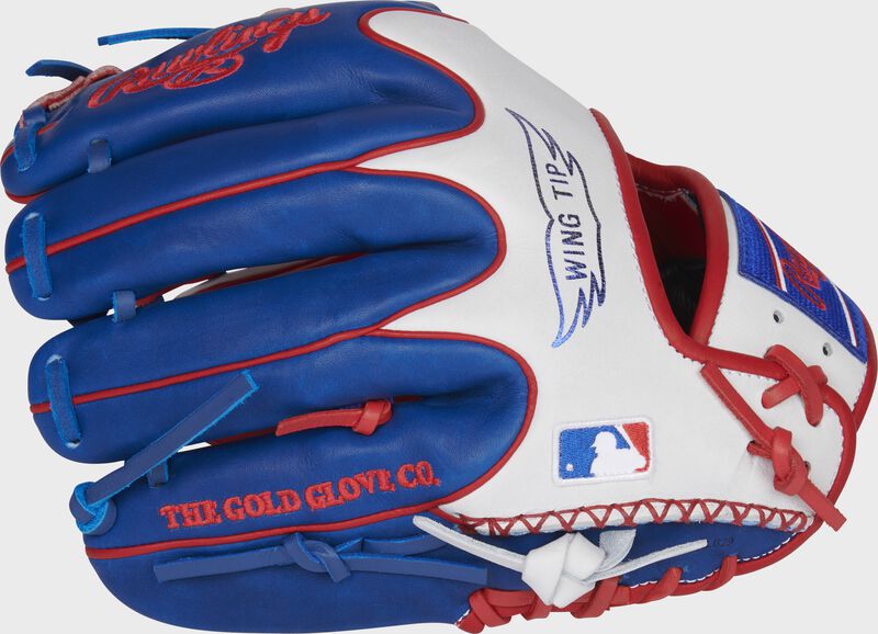White/royal Wing Tip back of an 11.5" HOH R2G infield glove with the MLB logo on the pinky - SKU: PROR204W-2SRW