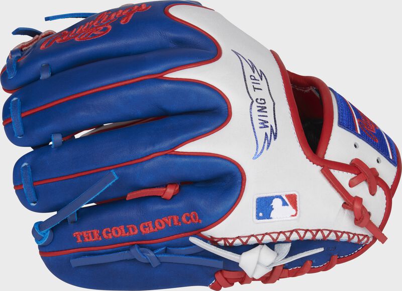 White/royal Wing Tip back of an 11.5" HOH R2G infield glove with the MLB logo on the pinky - SKU: PROR204W-2SRW loading=