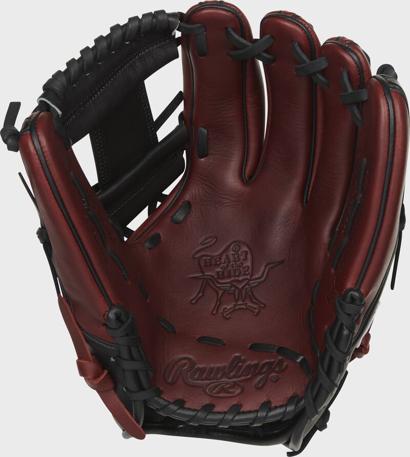 Dark sherry palm of a Rawlings Heart of the Hide infield glove with black laces - SKU: RSGPRO315-2JPPRO