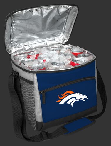 An open Denver Broncos 24 can cooler filled with ice and drinks - SKU: 10211066111