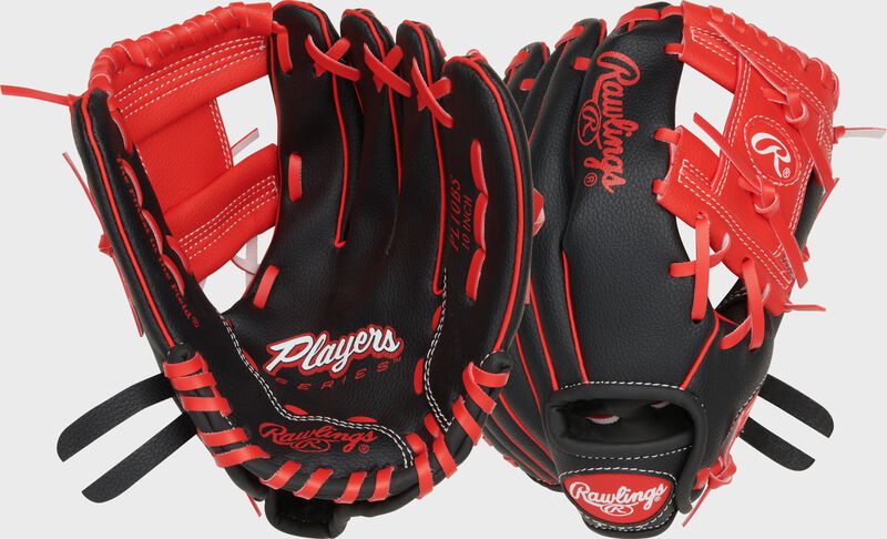 Two images showing the palm & back of a black/scarlet Players Series 10" youth glove 