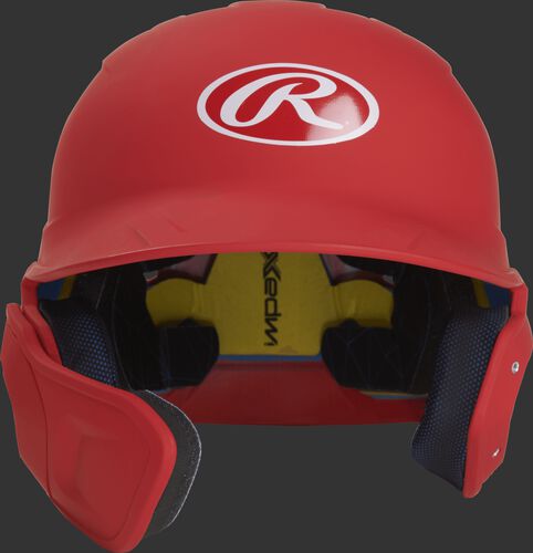 Front of a matte scarlet MACHEXTL high school/college Mach batting helmet with face guard extension for left hand batters