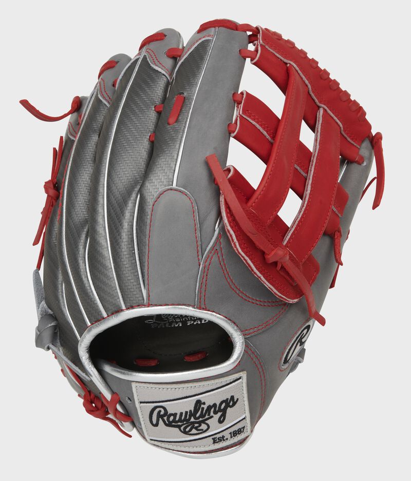 Gray Hyper Shell back of a Heart of the Hide H-web glove with a silver Rawlings patch - SKU: PRO3039-6GCFS