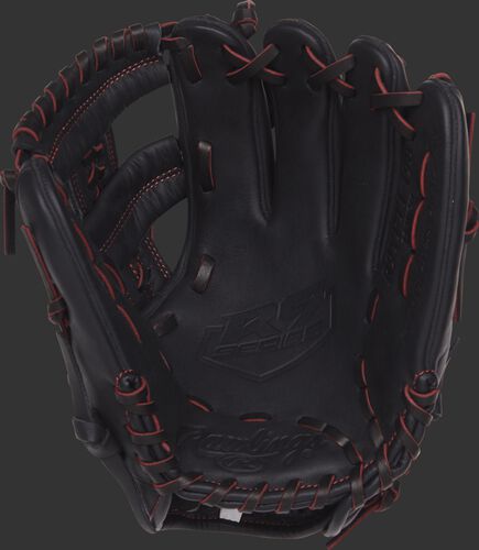 R9YPT1-19B 11-inch Rawlings youth infield glove with a black palm and black/scarlet laces