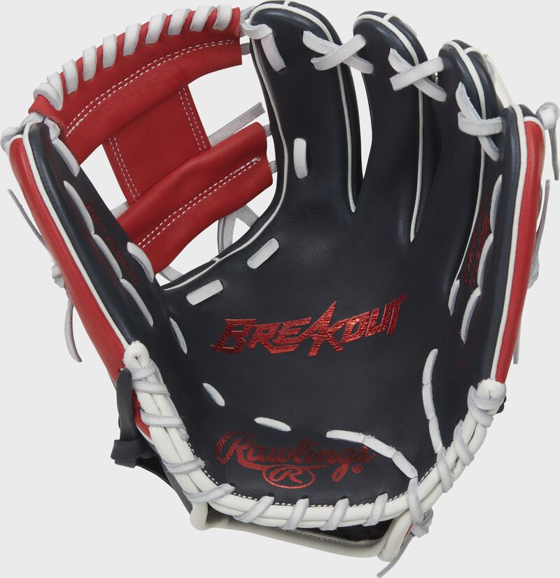 Shell palm view of black, red, and white 2022 Breakout 11.5-inch infield glove