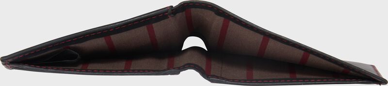 Top view showing the inside of a black Rawlings Double Play bi-fold wallet opened up