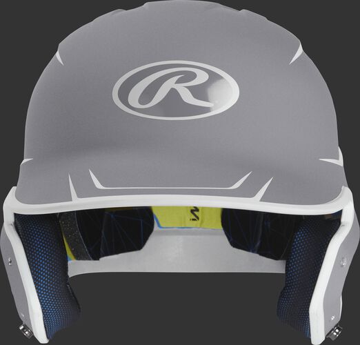 Front of a matte silver/white MACH senior size batting helmet
