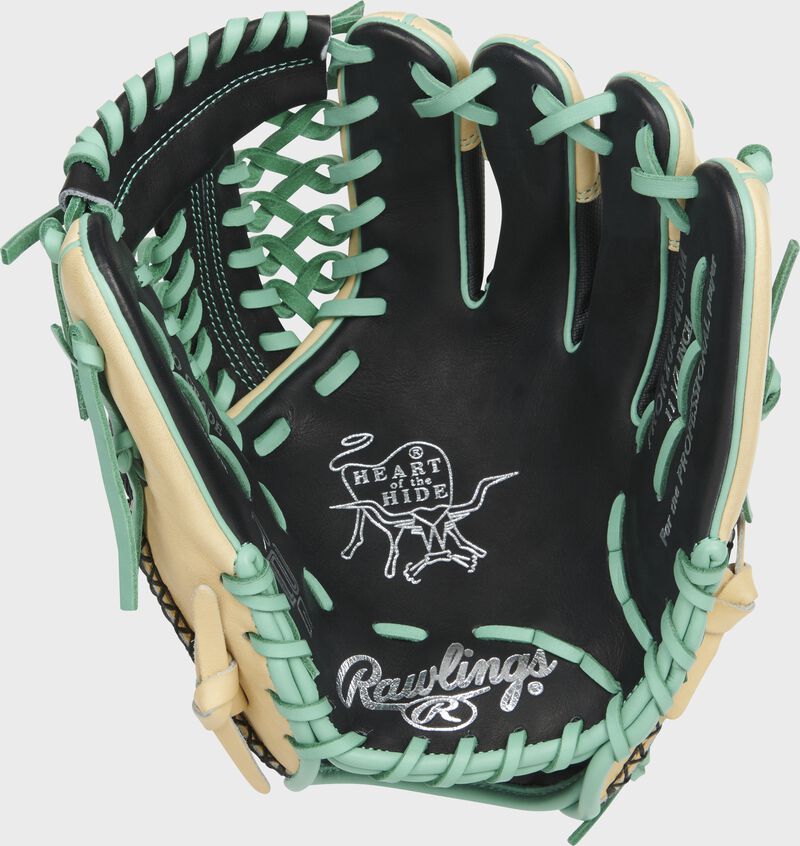 Shell palm view of black, camel, and teal 2021 Exclusive HOH R2G 11.5-inch infield/pitcher's glove loading=