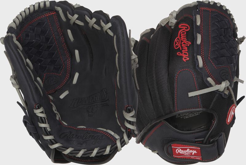 Two images showing the palm & back of a black Renegade 12" softball glove