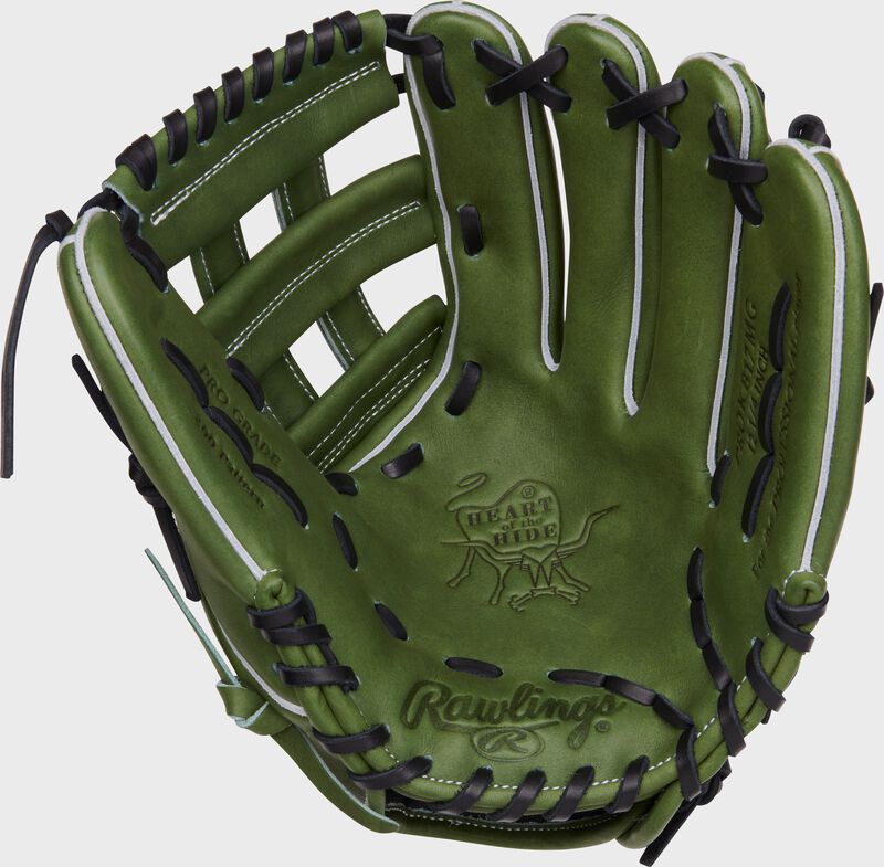 Palm of a Rawlings Heart of the Hide military green glove with black laces - SKU: PROKB17MG