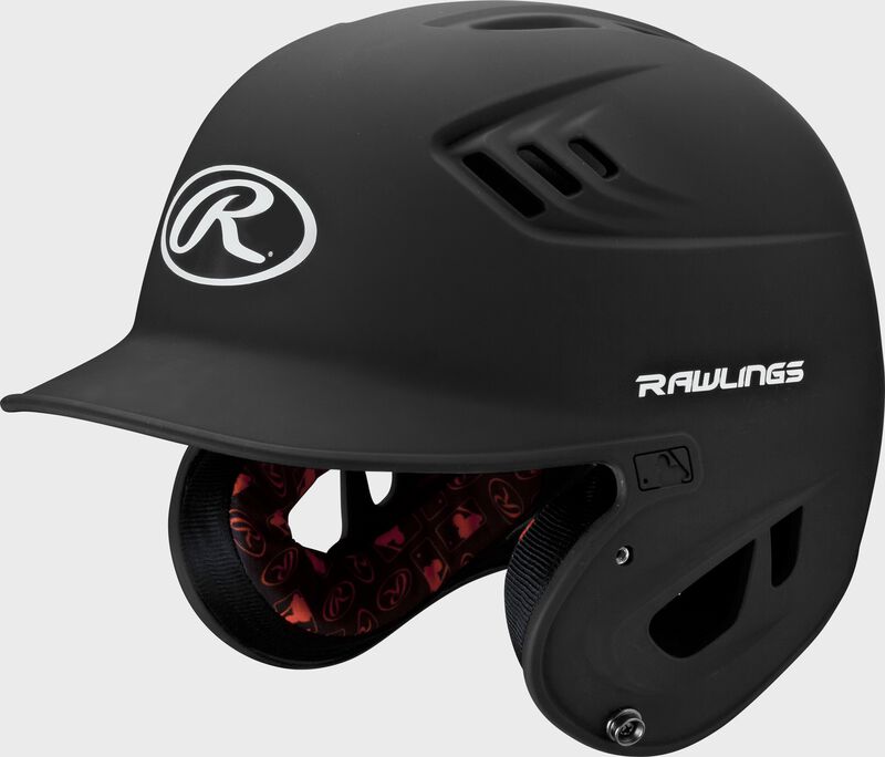 Front left-side view of Black Rawlings Velo Matte Batting Helmet - SKU: R16M