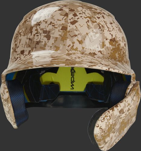 Front of a MACHEXTR-DCMO Rawlings Mach EXT batting helmet with a desert camo hyro dipped design