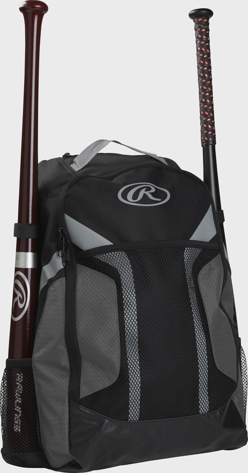 Front right side of a black/gray Rawlings backpack with 2 bats in the sides - SKU: R200-G