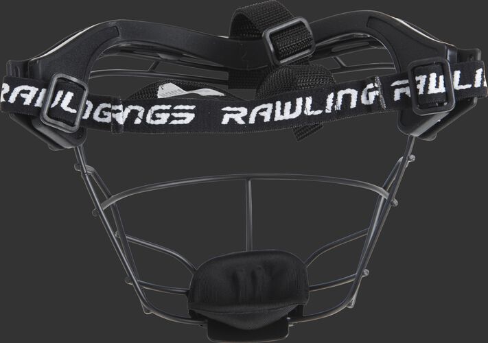 Back of Rawlings Black Softball Fielders Mask With Brand Name Strap SKU #RSBFMJ-B