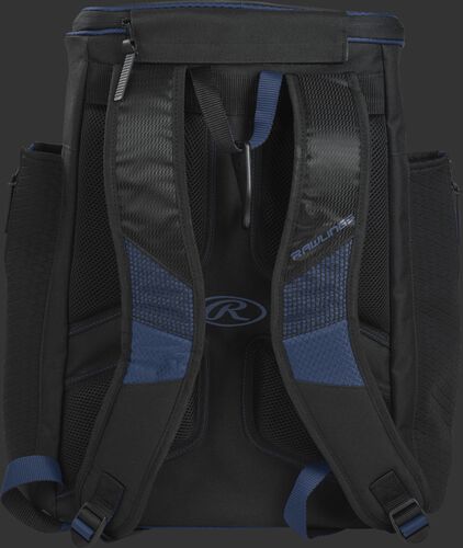 Back of a navy/black R600 Rawlings Players backpack with black shoulder straps