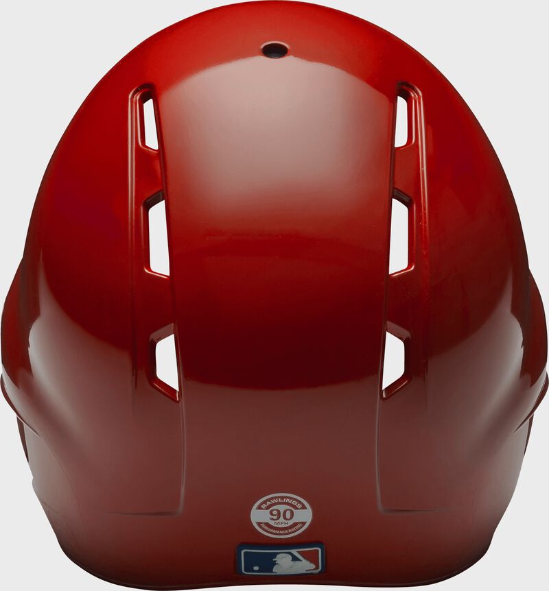Back of a scarlet S90PA Rawlings Performance Rating helmet with back vents