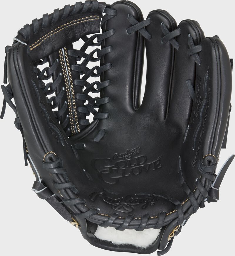 RGG206-4B Rawlings Gold Glove series glove with a black palm, black web and black laces