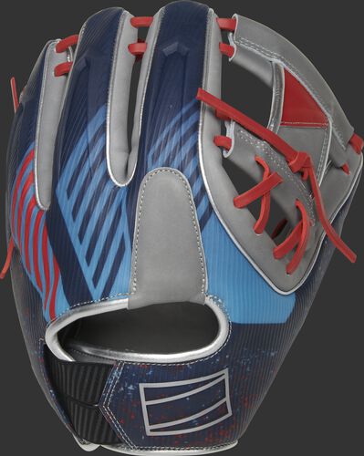 3D molded back of a REV1X I-web infield glove with a unique sublimated design - SKU: REV204-2X