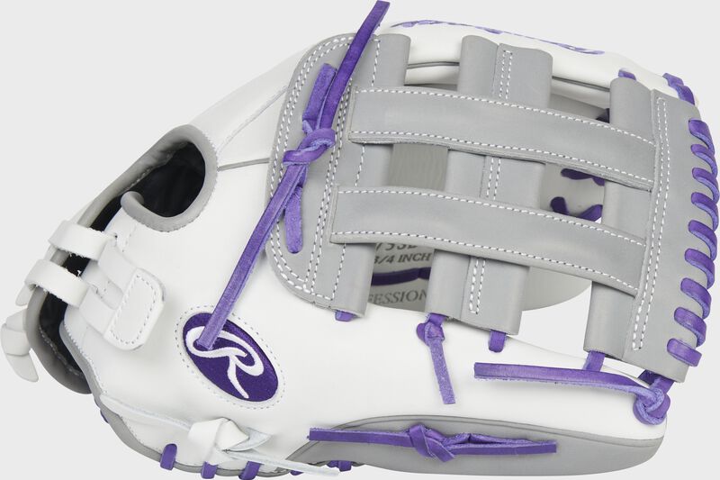 Thumb of a white/purple 2022 Liberty Advanced Color Series 12.75-Inch outfield glove with a gray H-web - SKU: RLA1275SB-6WPG loading=