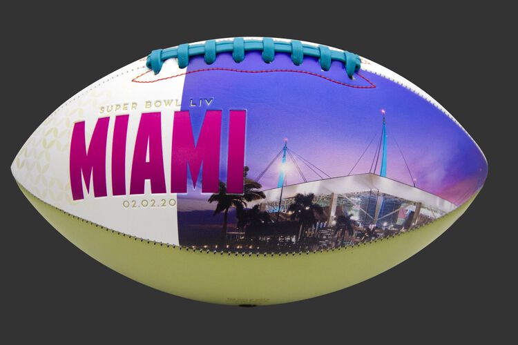Hard Rock Stadium image printed on a Super Bowl 54 Champions football