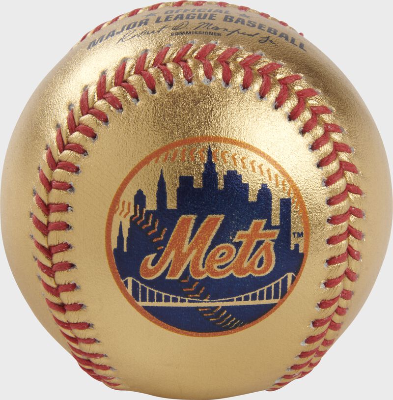 Mets logo on a gold MLB baseball with red stitches - SKU: RSGEA-GOLDNYM-R